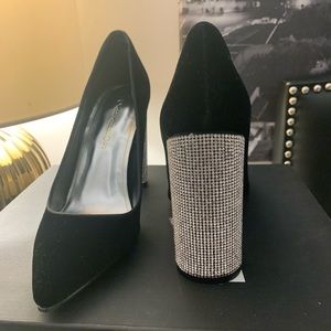 Velvet rhinestone embellished block heels